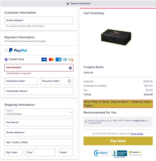 Legacy Box Order Page